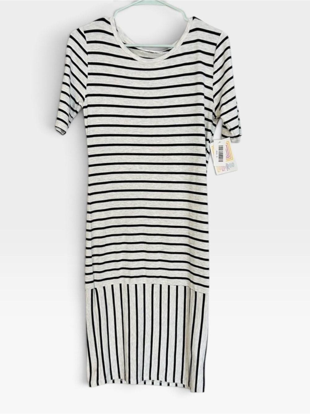 LuLaRoe Julia Dress Small S Black Heather Gray Striped Midi Bodycon T-Shirt NWT